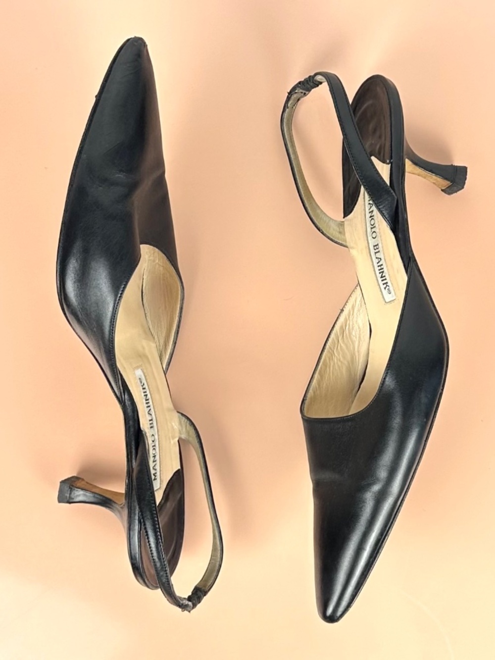 Vintage Manolo Blahnik Black Leather Pointed Toe Slingback Heels EU 39 - Picture 14 of 16
